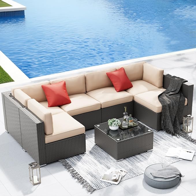 SUNCROWN 7-Piece Outdoor Patio Furniture Sofa Set All-Weather Wicker Sectional Conversation Set with Modern Glass Coffee Table, Cushions and A Waterproof Cover, Backyard, Garden (Brown)