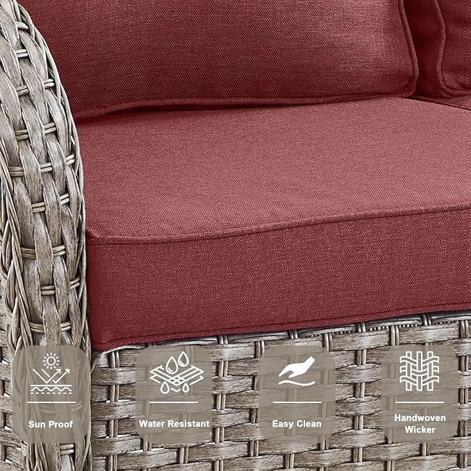 Belord 5 Piece Outdoor Conversation Patio Furniture Set - All-Weather Wicker Patio Rocking Chairs with Loveseat Glider Chair and Coffee Table for Patio Deck Porch Backyard Gray Wicker Red Cushion