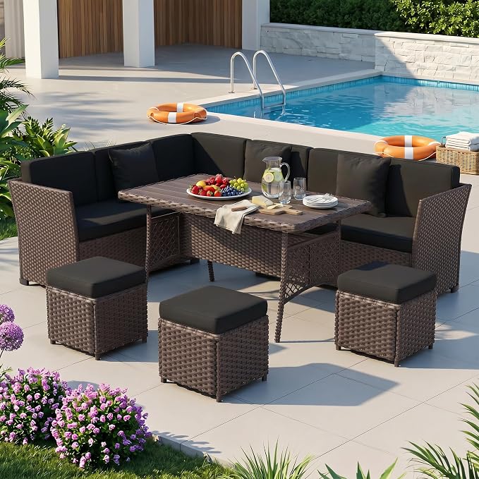 Patio Furniture Set, 7 Pieces Outdoor Dining Sets, All Weather Rattan Conversation Set, Outdoor Dining Sectional Sofa with Large Dining Table, Ottoman (Brown-Black, A-7 Pieces)