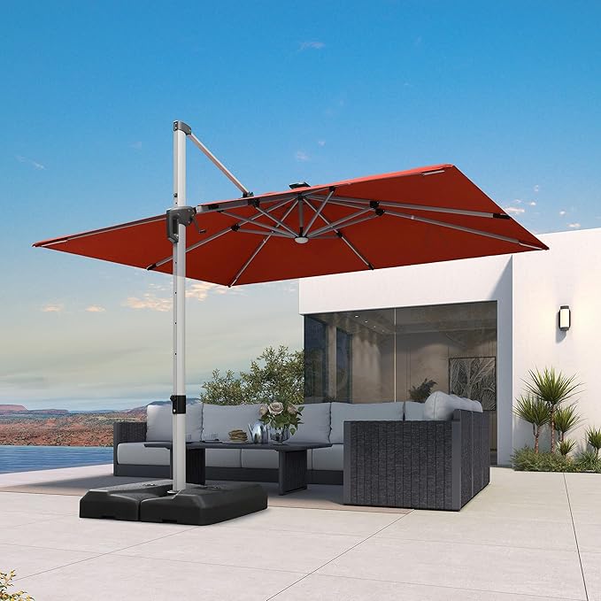 PURPLE LEAF 9' X 12' Patio Umbrella with Lights Outdoor Rectangle Cantilever Umbrella Solar Powered LED with 360-degree Rotation for Garden Deck Pool Patio, Terra