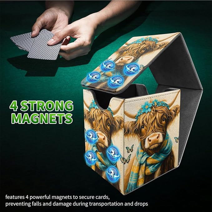 Blue Towel Cow Card Deck Box for MTG, Personalized Card Storage Case Fits 120+ Sleeved Cards, Premium Leather TCG Box with Strong Magnetic Closure for Magic, CCG, PTCG, Baseball Cards