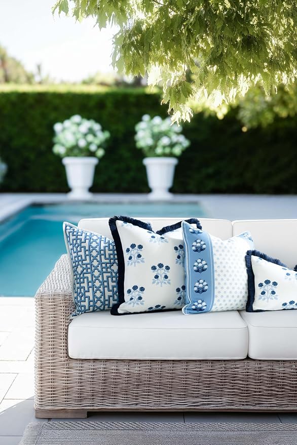 Hofdeco Premium Coastal Hampton Patio Indoor Outdoor Lumbar Pillow Cover Only, 12"x20" Water Repellent for Backyard, Couch, Poolside, Navy Blue Print Hydrangea Flowers