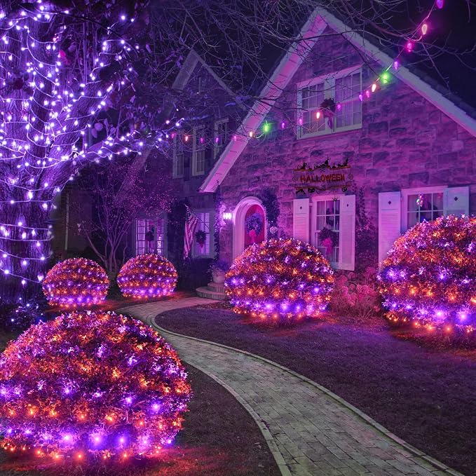 Orange and Purple Halloween Net Lights Outdoor, 15x 5ft Green Wire | 300 LED Large Net Mesh Lights Plug in, 8 Modes Waterproof Connectable Bushes Lights for Halloween Hedge Yard Decor
