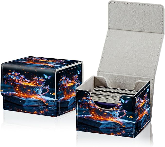 Card Deck Box for MTG, Cards Storage Box Fits 120+ Sleeved, Leather Small Size Strong Magnetic Closing Card Case for Board Games Magic TCG CCG Baseball Collection, Purple Butterfly Cup