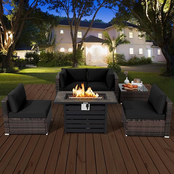 Tangkula 6-Piece Patio Furniture Set with 42 Inches Propane Fire Pit Table, Outdoor Wicker Conversation Set with Cushions and Tempered Glass Coffee Table, 50,000 BTU Gas Fire Pit Table (Black)