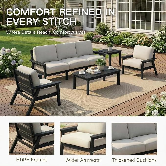 Kingdura HDPE Patio Furniture Set, 3 Piece Outdoor Sectional Sofa with Coffee Table, All Weather Outdoor Couch Conversation Set with Washable Cushions for Backyard Poolside Balcony
