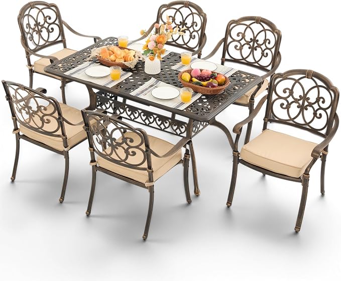 7-Pcs Cast Aluminum Patio Dining Set,59" Rectangular Table,Bronze | Outdoor Furniture Set Include Dining Table and 6 Stackable Chairs with Cushions & Umbrella Hole