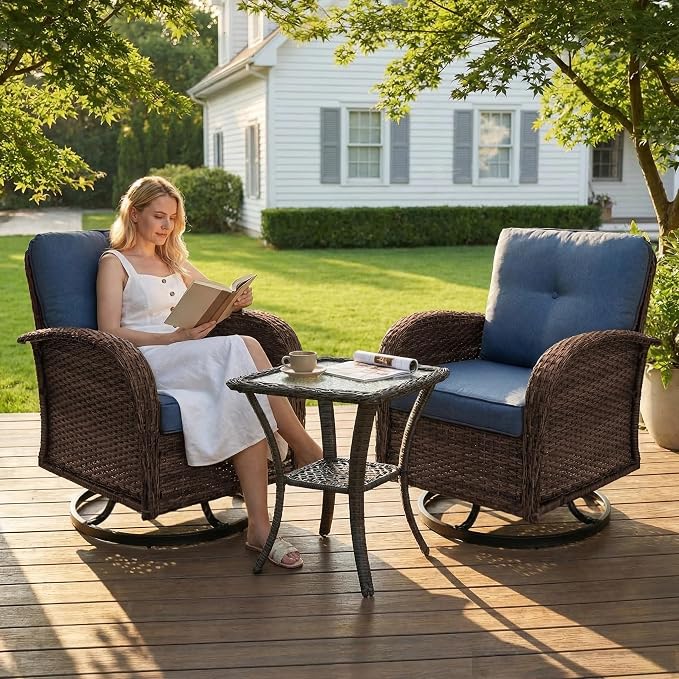 SHGJ&SOFT 3 Piece Patio Furniture Set, 2 Outdoor Swivel Rocking Chairs with Side Table, Wicker Glider Chairs, All-Weather Rattan Bistro Set for Porch, Deck, Pool (Blue, Brown Full-Weave Rattan)