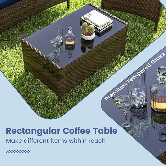 RELAX4LIFE 8-Piece Patio Furniture Set - Rattan Outdoor Conversation Bistro Set w/Cushions, Glass Coffee Table, Wicker Chairs & Loveseat for Garden Backyard Porch, Balcony Furniture Set (2, Navy)