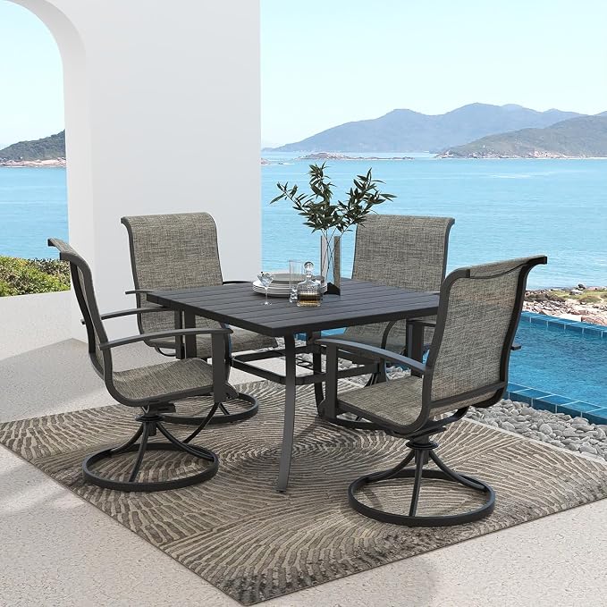 Grand patio Outdoor Dining Set of 5, Outdoor Table and Chairs Set, 4 Padded Mesh Sling Swivel Rocker Patio Chair & 36'' x36'' Square Dining Table(1.5'' Umbrella Hole), Mixed Coffee
