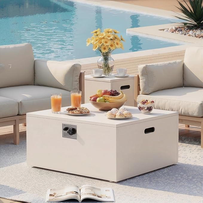 ECOTOUGE 8-Piece Half-Moon Curved Patio Furniture Set with Fire Pit Table, Wicker Rattan Sectional Sofa with Thick Cushions, Outdoor Conversation Set for Backyard Garden No Tank Cover(Beige, White)