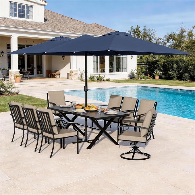 Patio Dining Set for 10 with 13.6ft Double-Sided Patio Umbrella,Outdoor Dining Set of 6 Metal Chairs and 2 Swivel Chairs with Umbrella Hole Table for Backyard,Garden,and Poolside(Brown)