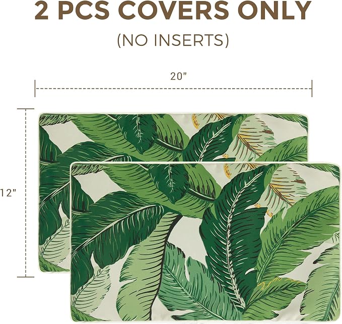 Lumbar Pillow Covers Set of 2, Outdoor Indoor Waterproof Decorative Patio Lumbar Pillowcase Shell 12x20 Inch, Rectangular Cushion Case for Couch Sofa Garden Farmhouse-Green Palm Leaf