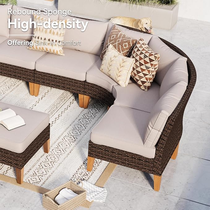 GREEN PARTY 10 Pieces Wicker Patio Furniture Set, All-Weather Outdoor Rattan Half-Moon Curved Patio Sectional Sofa Conversation Set 10 Seats for Garden, Backyard, 2 x Swivel Chairs