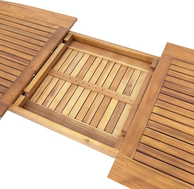 7-piece Outdoor Patio Dining Set, All Weather Acacia Wood Expandable Dining Table and 6 Armchairs with PE Rattan Decor and Iron Frame for Backyard Balcony Poolside