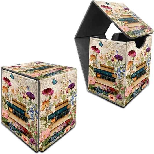 Vintage Flower Books Card Deck Box for MTG, Personalized Card Storage Case Fits 120+ Sleeved Cards, Premium Leather TCG Box with Strong Magnetic Closure for Magic, CCG, PTCG, Baseball Cards
