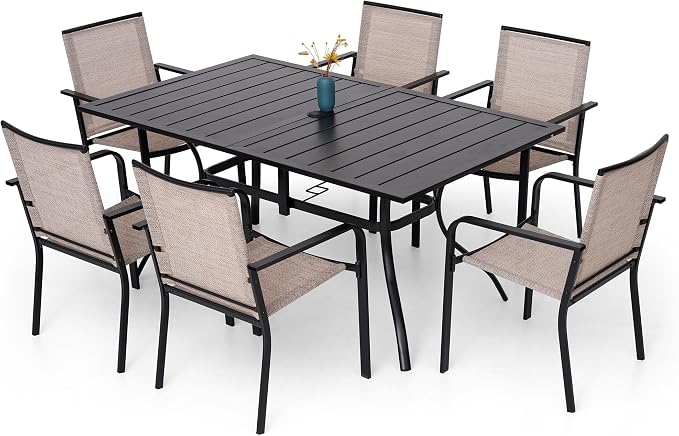Anmutig 7-Piece Outdoor Dining Set, Patio Powder Coated Steel Table with 6 Stackable Sling Chairs, 63 x 38 Inch Table Beige White Fabric