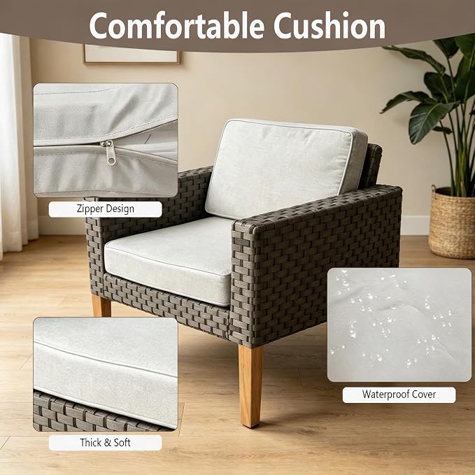 DECMICO 4 Piece Rattan Conversation Bistro Set, Outdoor Wicker Patio Furniture Set, All-Weather PE Rattan Chairs with Cushions for Backyard, Balcony, Garden, Beige
