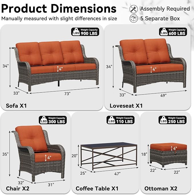 7 Piece Outdoor Wicker Patio Furniture Set, Patio Chairs Set with Thickened Olefin Cushions, High Back and Deep Seating, Hand-Woven PE Rattan, Ottoman for Porch, Deck