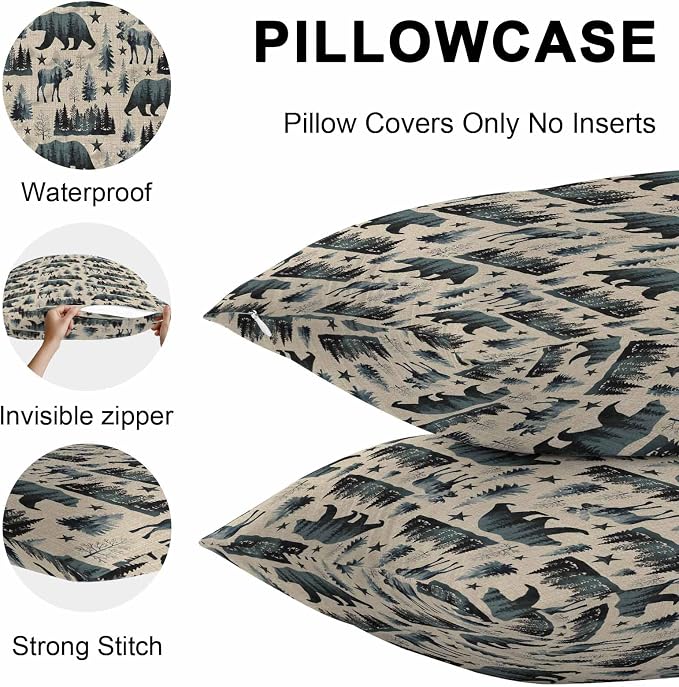Vintage Bear Elk Cabin Outdoor Pillow Covers 20x12 Inch Lumbar Pillow Covers Set of 2 Waterproof Decorative Throw Pillow Cases Farmhousee Pine Tree Rustic Cushion Covers for Patio Furniture Garden
