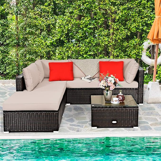 COSTWAY 6-Piece Outdoor Patio Furniture Set, Rattan Sectional Sofa Set with Tempered Glass Coffee Table, Cushions and Ottoman for Garden, Deck, Backyard (Beige)