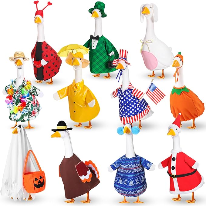 11 Set Holiday Porch Goose Outfits All Seasons Goose Clothes Umbrella Easter Statue Costume for Patio Lawn Outdoor