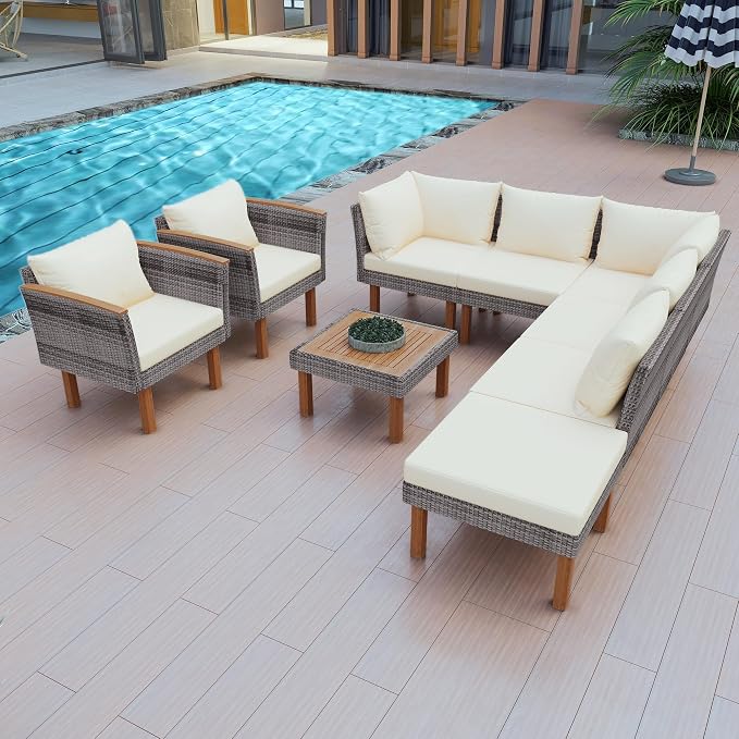 VilroCaz 9-Piece Outdoor Patio Sectional Sofa Set, PE Rattan Conversation Sofa Set with Acacia Wood Legs, Modern All Weather Outdoor Garden Furniture Set with Comfortable Cushion and Coffee Table
