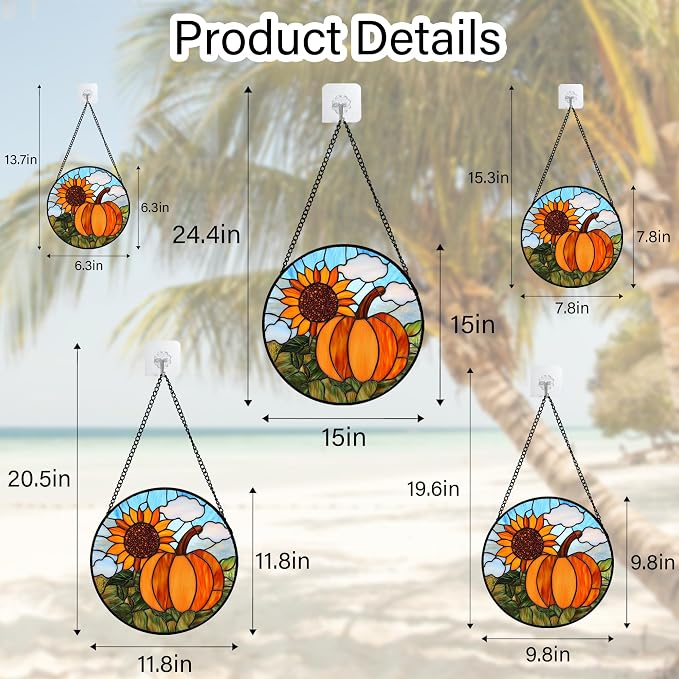 DASTOLL Stained Glass Window Hanging Fall Farm Scenery Sunflower Pumpkin Large 15" - Suncatcher Door Garden Kitchen Sunroom Sun Catcher Home Decor Birthday for Mom Grandma Men Woman