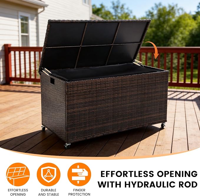 Outdoor 170 Gallon Water-Resistant Wicker Storage Box with Wheels, PE Rattan Deck Box with Waterproof Liner for Outside, Patio Storage Container with Hinged Lid, Horizontal Bin, Brown