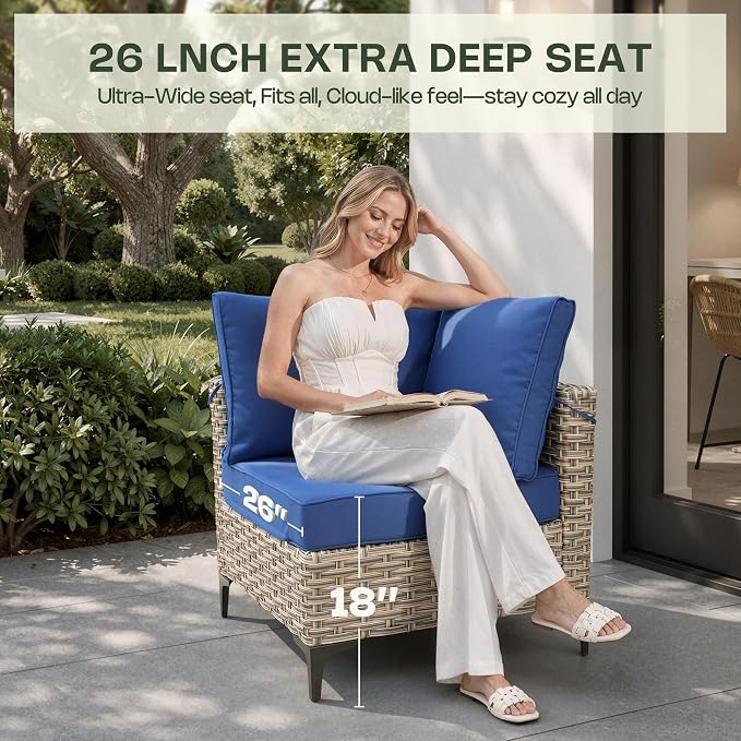 8 Pieces Patio Furniture Set, Outdoor Conversation Set with 360° Swivel Rocker Chairs, Wicker Sectional Sofa & Solar Powered Lighted Table, High Back Outdoor Furniture for Backyard Porch, Navy Blue