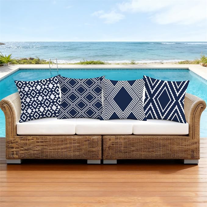 NIGHTWISH Outdoor Waterproof Pillow Covers 16x16 Set of 4 Navy Blue and White Modern Geometry Decorative Outdoor Throw Pillows Boho Cushion Cases for Patio Furniture Bench Couch Sunbrella