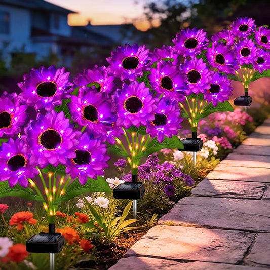 Solar Garden Lights Outdoor, 4 Pack Solar Purple Sunflower Lights with 18 Head 3.5 Inch Flowers, Waterproof Flowers Light Fall Decor Auto ON/Off for Garden Yard Patio Backyard, Gifts for Mom Women