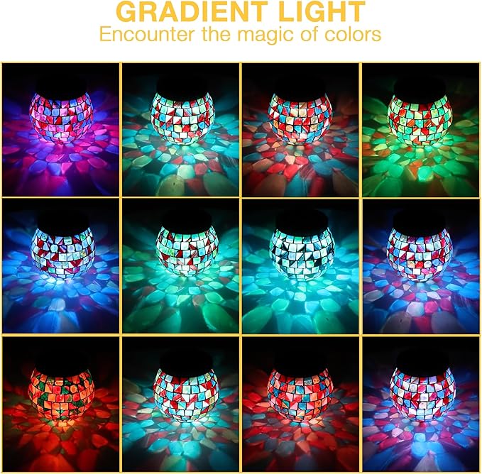 Cooo 6 Pack Gift for her him Landscape Lighting Path Lights Heavy Solar Mosaic Lantern with RGB Color-Changing Light – Dual Solar Panels, Red Amber Glass Tiles, Waterproof Outdoor