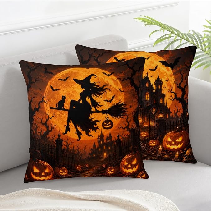 Orange Halloween Pillow Covers 22x22 Set of 2 Spooky Castle Witch Throw Pillow Covers Jack-O-Lantern Pumpkins Decorative Pillowcase for Couch Sofa Indoor Outdoor