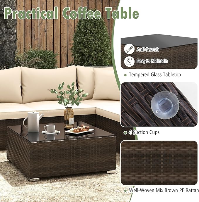 Tangkula 7 Pieces Wicker Patio Furniture Set, All-Weather Outdoor Rattan Sectional Sofa Set with Cushions & Tempered Glass Coffee Table, Outside Sofa Set for Garden, Lawn, Deck, Backyard