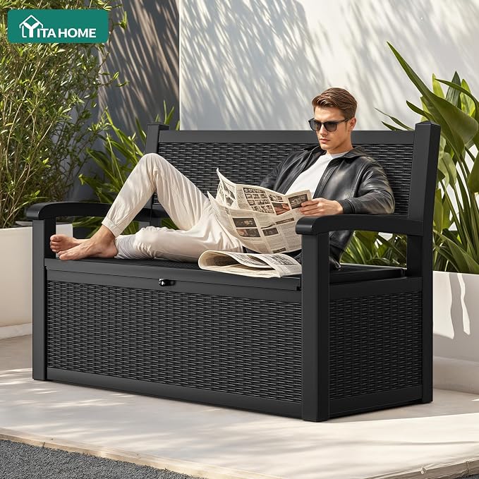 YITAHOME 70 Gallon Deck Bench with Storage, Outdoor Storage Box Bench with Armrests for Patio Garden Pool Porch, Waterproof&Lockable, Black