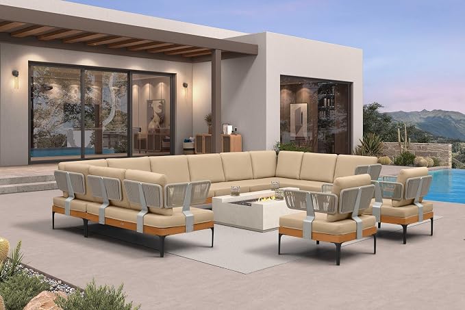 PURPLE LEAF Patio Furniture Set Outdoor Conversation Sets with Fade-Resistant Cushions and Coffee Table 12 Pieces Aluminum Modern Wicker Sofa Chairs for Balcony Yard Garden, Khaki