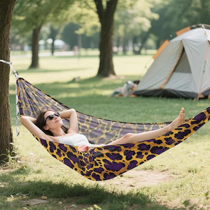 Camping Hammock Outdoor Hammocks for Outside Purple Cheetah Leopard Beach Trees Portable Lightweight with Pockets Tree Straps Indoor Small