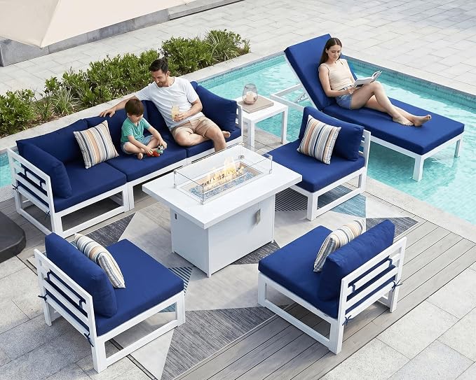 NICESOUL 9 Pcs Aluminum Patio Sectional Furniture Set with Chaise & Fire Pit Table, 500 lbs Heavy Duty Anti-Rust Outdoor Couch, 29" Deep Wide Seat, High End Conversation Sofa for Poolside, Navy Blue