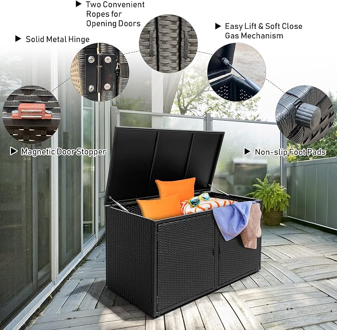 Tangkula Outdoor Wicker Storage Box, Garden Deck Bin with Steel Frame, Rattan Storage Box with Lid, Ideal for Storing Tools, Accessories, 88 Gallon Capacity (Black)