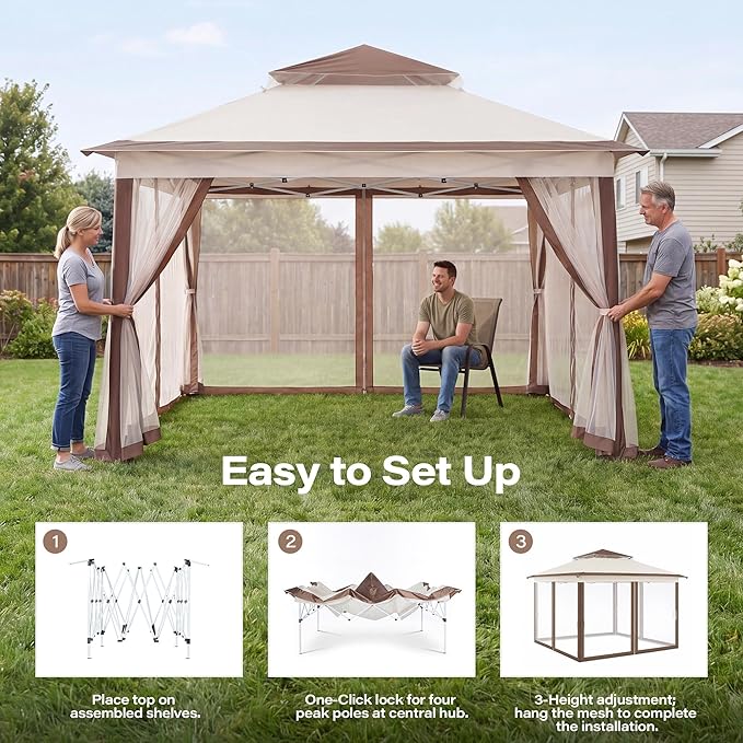 LAUSAINT HOME 12x12 Pop Up Gazebo with 50FT String Lights, Mosquito Netting, Instant One-Push Setup, Adjustable Height Outdoor Canopy Tent Shelter with Carry Bag for Patio, Backyard, Camping, Khaki