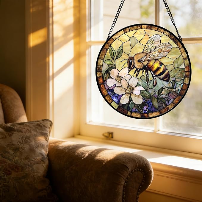 Stained Glass Window Hanging, Vintage Bee Yellow Flower Sun Catcher for Window Door Home Decor Suncatcher Christmas Mother's Day Birthday Gifts for Women Men Mom and Nana 9.8 in