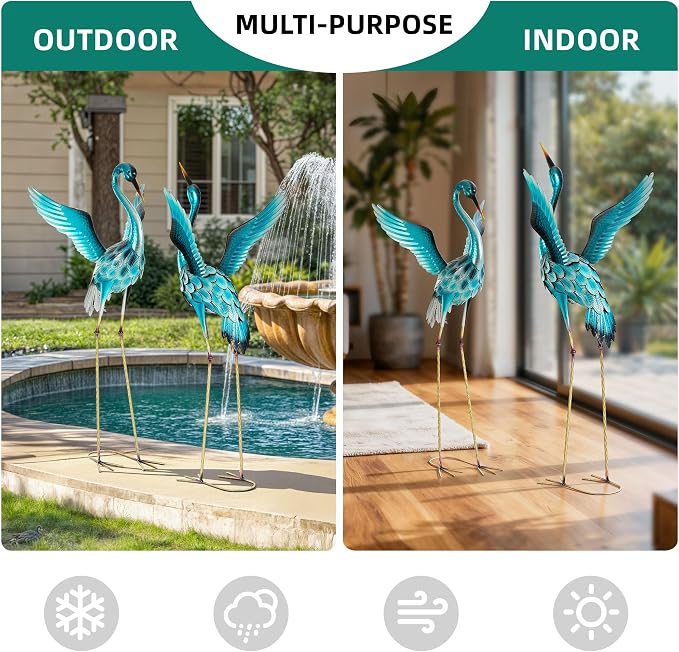 47.5" Metal Heron Garden Statue, Oversized Metal Crane Decor | Handcrafted Blue Heron with U-ground Stakes,Weatherproof Iron Bird Art for Backyard, Lawn, Patio