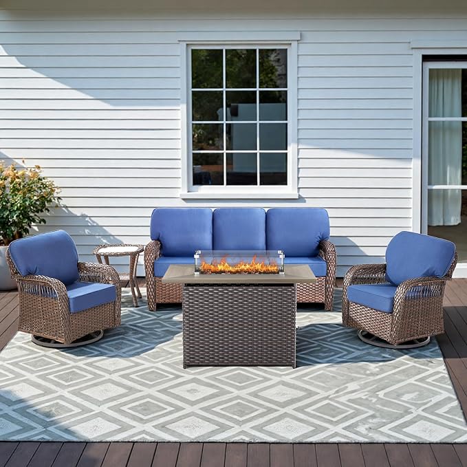 5 Piece Outdoor Patio Furniture Set with Fire Pit Table, Wicker Patio Conversation Set with 2 Swivel Rocker Chairs Rattan Sofa and Removable 5" Thick Cushions for Deck Backyard Blue