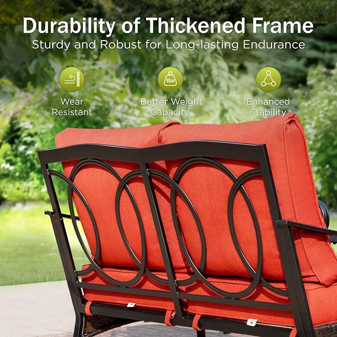 PHI VILLA Patio Furniture Set, Extra Large Wicker & Metal Outdoor Conversation Set Patio Sectional Sofa Set with Waterproof Thick Cushions for Porch, Poolside, Deck(7 Pieces, Red)