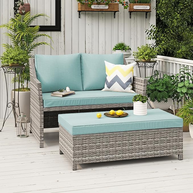 OC Orange-Casual 2-Piece Outdoor Patio Furniture Wicker Love-seat and Coffee Table Set, with Built-in Storage Bin, Grey Rattan, Green Cushions