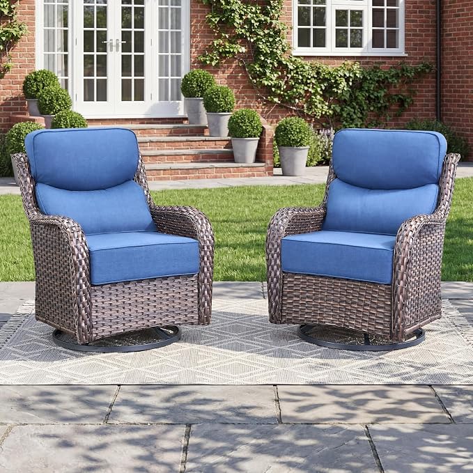 Luxury Swivel Rocker Chairs Set with 6" Thick Cushion - Wicker Outdoor Swivel Rocker Patio Chair High Back Comfortable Outdoor patio furniture set Glider Chairs set - Brown Wicker | Blue Cushions