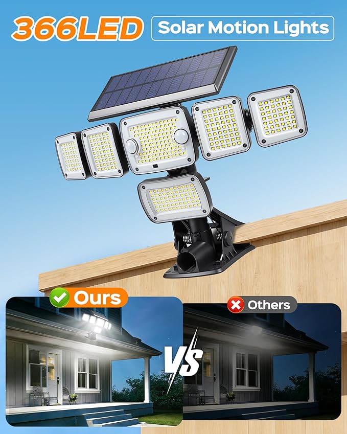 Solar Flood Lights Outdoor,6000LM 336 LEDs Dual Clip on Motion Sensor Lights with 360° Wide Angle &3 Modes, IP65 Waterproof Security Lights for Yard Patio Garage Garden,1Pack
