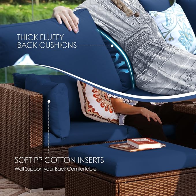 NICESOUL 13 Piece Patio Furniture w/Fireplace, Elegant Outdoor Seating w/Firepit, XL 29.3'' High Back Sectional Sofa, All-Weather Rattan Deck Couch, Modular Sturdy Conversation Set, Brown & Blue