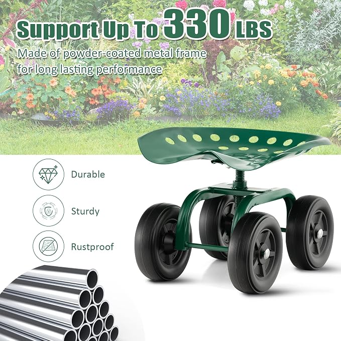Garden Cart with Seat, Heavy-Duty Rolling Outdoor Wagon Scooter w/Height Adjustable & 360° Swivel Seat, Gardening Work Seat Stool, Patio Scooter on Wheels for Lawn Yard Planting (Green)